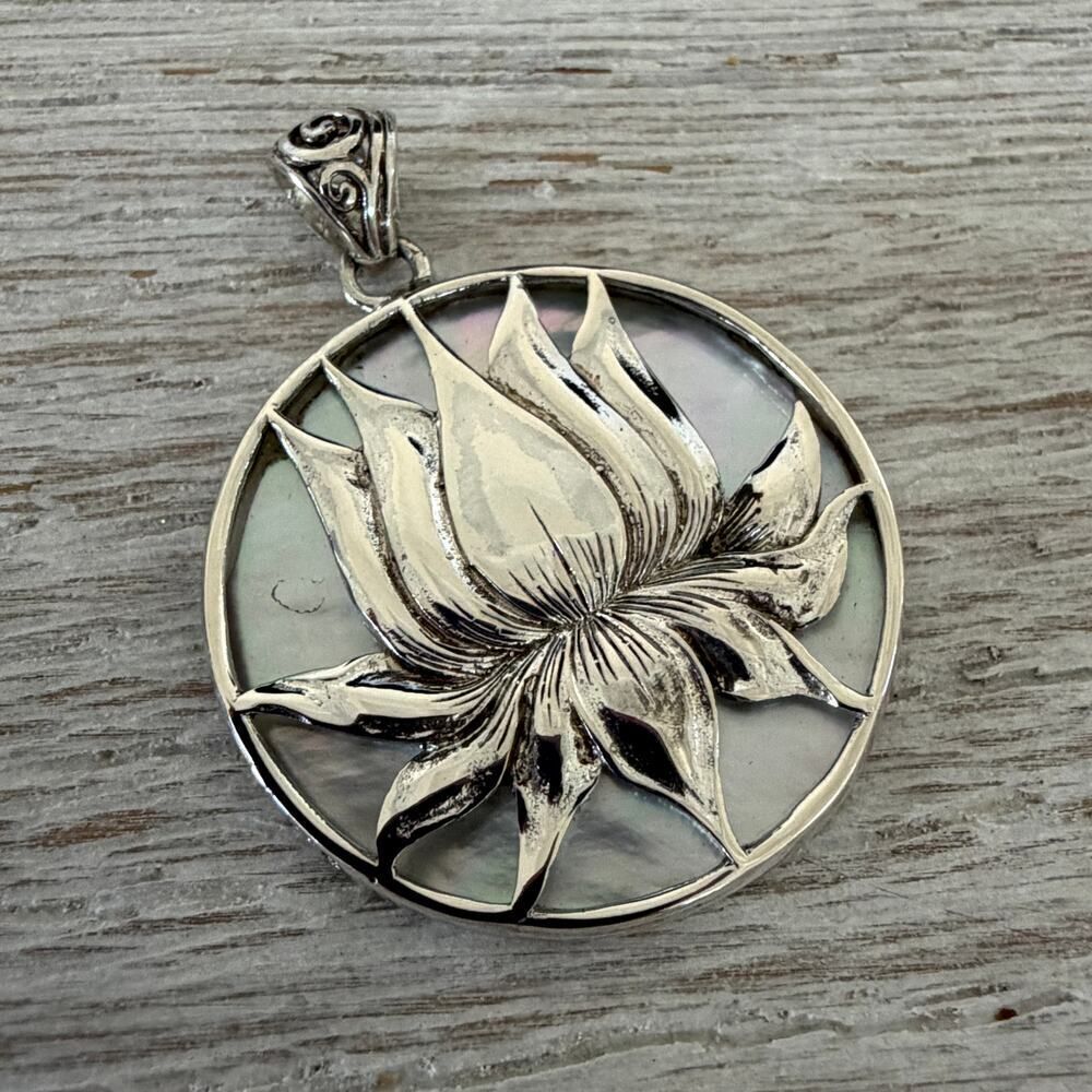 Sterling Silver Lotus Medallion Pendant- Mother of Pearl Shell - Picture 2 of 7